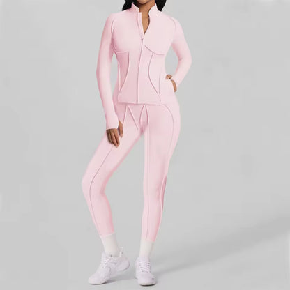 Conjunto feminino de treino com 2 peças — jaqueta acolchoada e roupa desportiva de ioga, com camisa de manga comprida de secagem rápida para fitness.