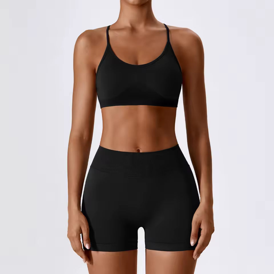 Conjunto feminino sem costuras para ioga e ginásio — inclui top curto e calções, ideal para treino, corrida e fitness (2 peças).
