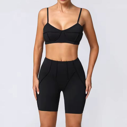 Conjunto feminino de ioga 3D — leggings de cintura alta que modelam e levantam o quadril, com top sem costas, para treino e ginásio.