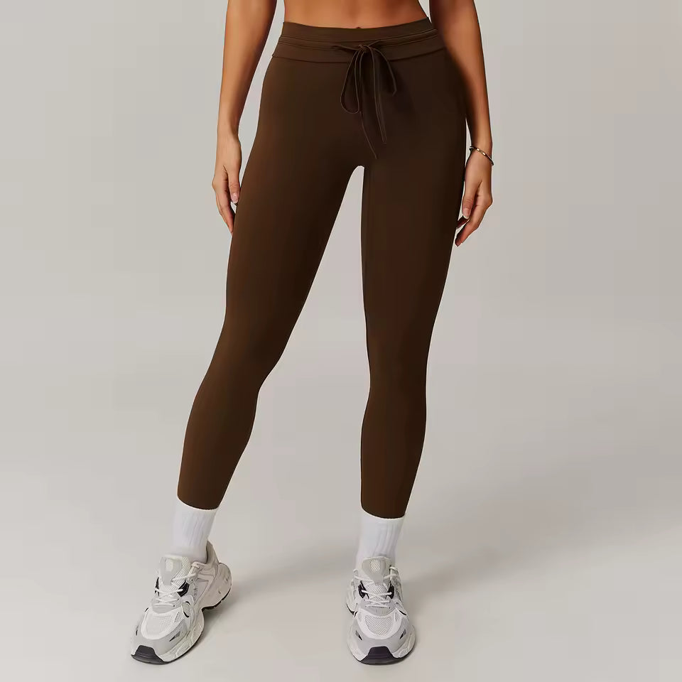 Leggings desportivas de cintura alta com cordão, efeito push up e levantamento dos glúteos, ideais para yoga, treino, corrida e uso no ginásio