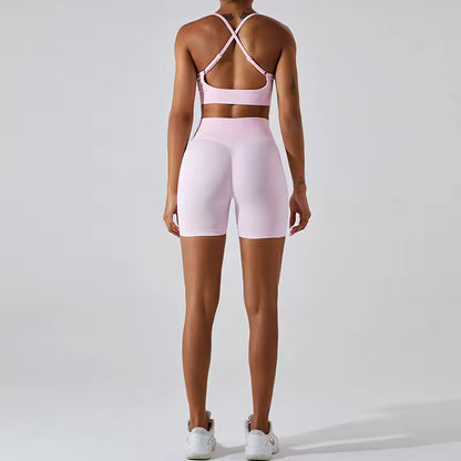 Conjunto de yoga feminino sem costuras, conjunto de treino de 2 peças com top canelado e calções de cintura alta, roupa de ginásio fitness para corrida e atividades atléticas.
