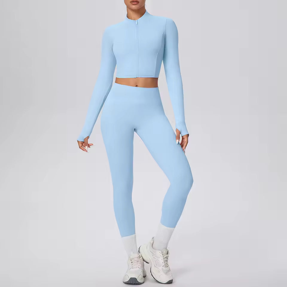 Conjunto feminino de 2 peças para treino, com jaqueta de fecho e calças de cintura alta, em cor sólida, respirável e de secagem rápida, ideal para yoga, ginásio, corrida e ciclismo