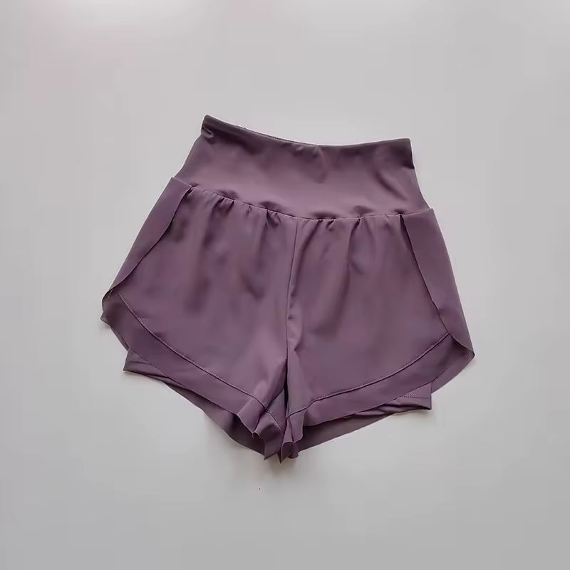 Shorts de yoga femininos de cintura alta, efeito de duas peças, com malha respirável e secagem rápida, anti-transparência