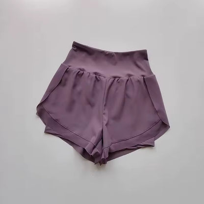 Shorts de yoga femininos de cintura alta, efeito de duas peças, com malha respirável e secagem rápida, anti-transparência