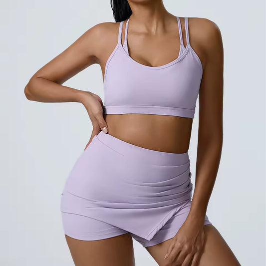 Conjunto desportivo feminino 2 peças — terno de ioga com sutiã de fitness e calções de ciclismo, ideal para treino, ginásio e atividades físicas, com efeito push-up