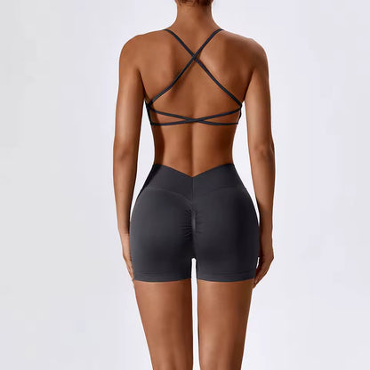 Conjunto feminino sem costuras para ioga e ginásio — inclui top curto e calções, ideal para treino, corrida e fitness (2 peças).
