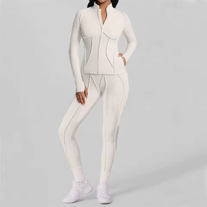 Conjunto feminino de treino com 2 peças — jaqueta acolchoada e roupa desportiva de ioga, com camisa de manga comprida de secagem rápida para fitness.