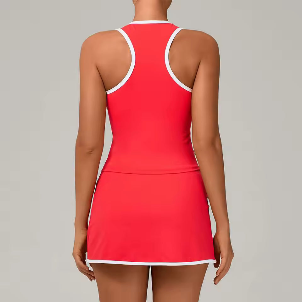 Conjunto desportivo feminino 2 peças — agasalho de ioga com sutiã desportivo e saia curta de cintura alta, sem mangas, ideal para treino, fitness e ginásio