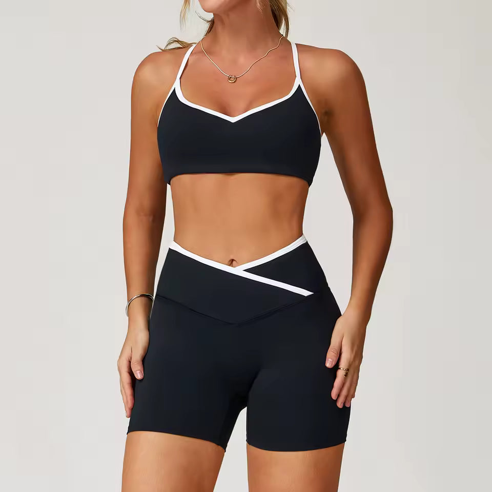 Conjunto de ioga feminino de 2 peças — roupa de treino, agasalho desportivo, calças de cintura subida e boca de sino, estilo sexy e fitness.