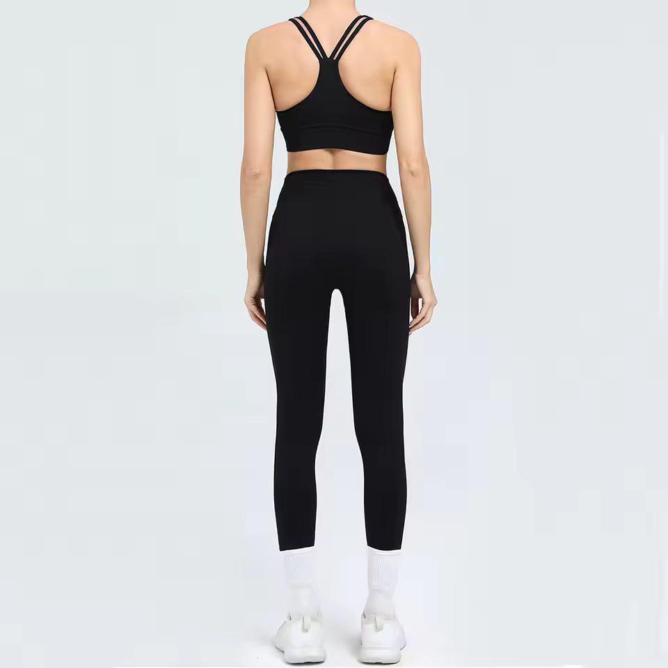Conjunto feminino de 2 peças, fato de treino e yoga, roupa desportiva de ginásio com leggings de cintura alta e sutiã de fitness, conjunto atlético.