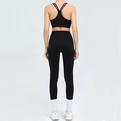 Conjunto feminino de 2 peças, fato de treino e yoga, roupa desportiva de ginásio com leggings de cintura alta e sutiã de fitness, conjunto atlético.