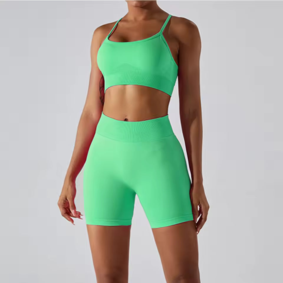 Conjunto de yoga feminino sem costuras, conjunto de treino de 2 peças com top canelado e calções de cintura alta, roupa de ginásio fitness para corrida e atividades atléticas.