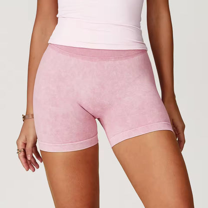 Shorts de yoga femininos de cintura alta, efeito “bumbum levantado”, em tecido com acabamento lavado, ideais para treino, fitness, corrida e ginásio