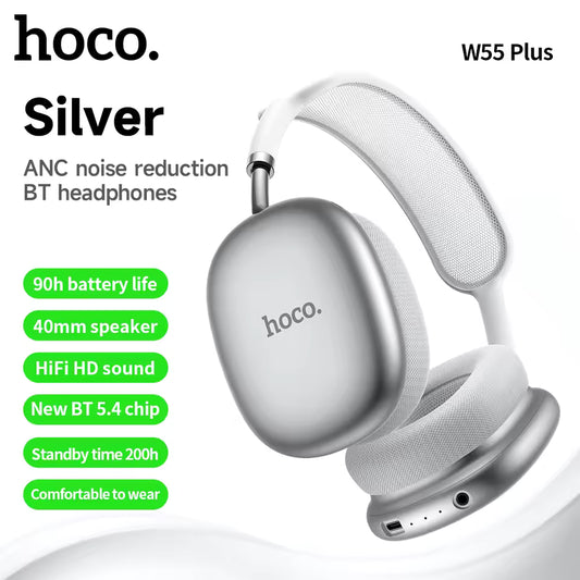 Hoco W55 Plus ANC – Auscultadores Over-Ear com Redução de Ruído, Bluetooth 5.4, Sem Fios, para Desporto, Compatíveis com Smartphone e Modo AUX
