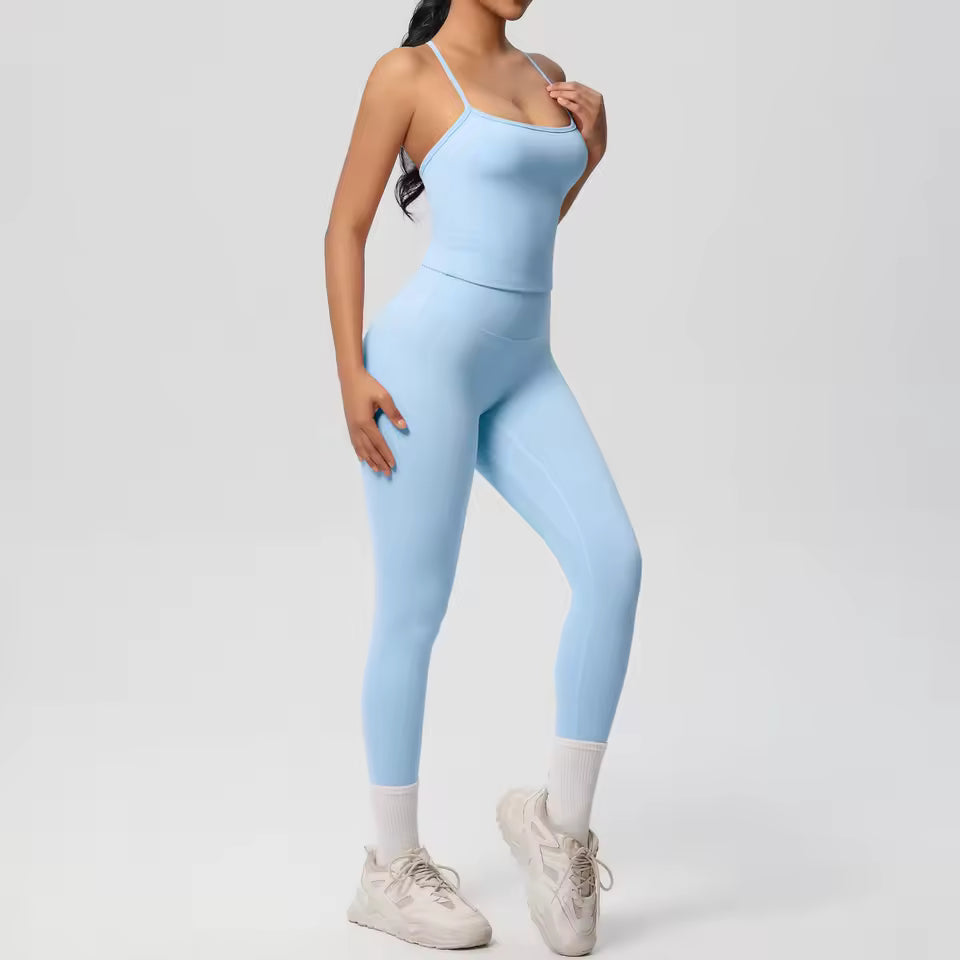 Conjunto desportivo feminino 2 peças — agasalho de ioga sem mangas, com sutiã desportivo e macacão de treino, ideal para fitness, ginásio e atividades físicas