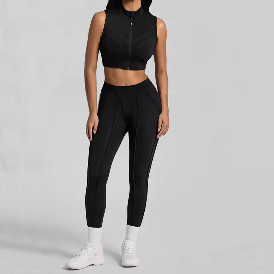 Conjunto feminino de treino com 2 peças — jaqueta acolchoada e roupa desportiva de ioga, com camisa de manga comprida de secagem rápida para fitness.