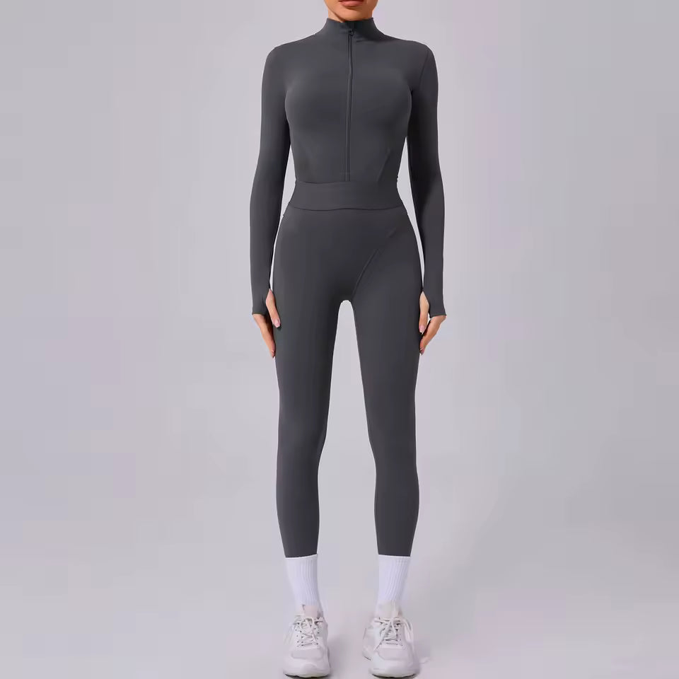 Conjunto de yoga feminino, fato desportivo de uma peça, macacão de secagem rápida com mangas compridas, roupa de treino e yoga para mulher.