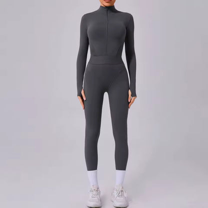Conjunto de yoga feminino, fato desportivo de uma peça, macacão de secagem rápida com mangas compridas, roupa de treino e yoga para mulher.