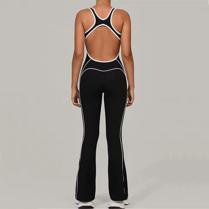 Macacão de ginástica feminino, macacão de fitness para corrida, fato desportivo feminino, roupa de yoga com blocos de cor, conjunto de treino e vestuário desportivo.