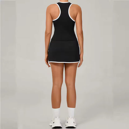 Conjunto desportivo feminino 2 peças — agasalho de ioga com sutiã desportivo e saia curta de cintura alta, sem mangas, ideal para treino, fitness e ginásio