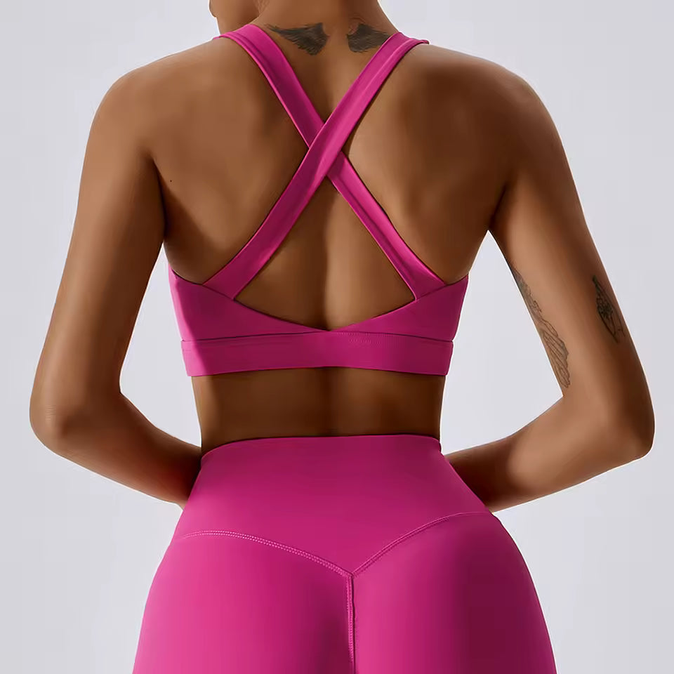 Top Desportivo Feminino com Alças Cruzadas — Sutiã de Yoga com Almofada, Elástico e Confortável, Ideal para Corrida, Ginásio e Treino de Fitness