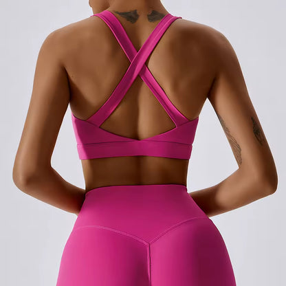 Top Desportivo Feminino com Alças Cruzadas — Sutiã de Yoga com Almofada, Elástico e Confortável, Ideal para Corrida, Ginásio e Treino de Fitness
