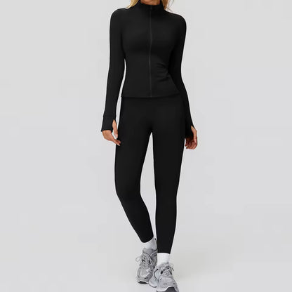 Conjunto feminino de ioga com 2 peças — roupa desportiva de ginásio, leggings de cintura alta e top de manga comprida para treino e corrida.