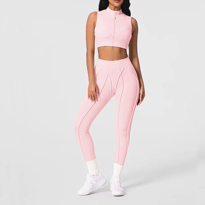 Conjunto feminino de treino com 2 peças — jaqueta acolchoada e roupa desportiva de ioga, com camisa de manga comprida de secagem rápida para fitness.