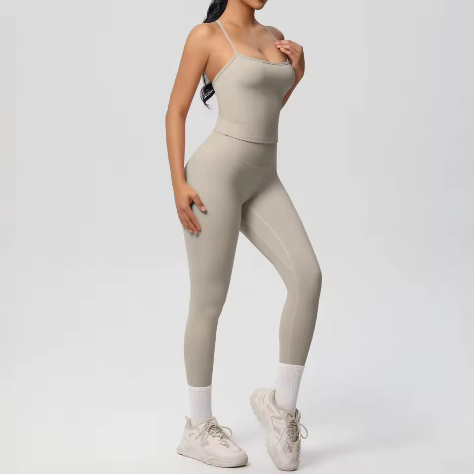 Conjunto desportivo feminino 2 peças — agasalho de ioga sem mangas, com sutiã desportivo e macacão de treino, ideal para fitness, ginásio e atividades físicas