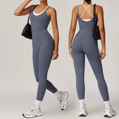 Conjunto desportivo feminino sexy — macacão de uma peça sem mangas com blocos de cor, ideal para yoga, fitness e treino de ginásio