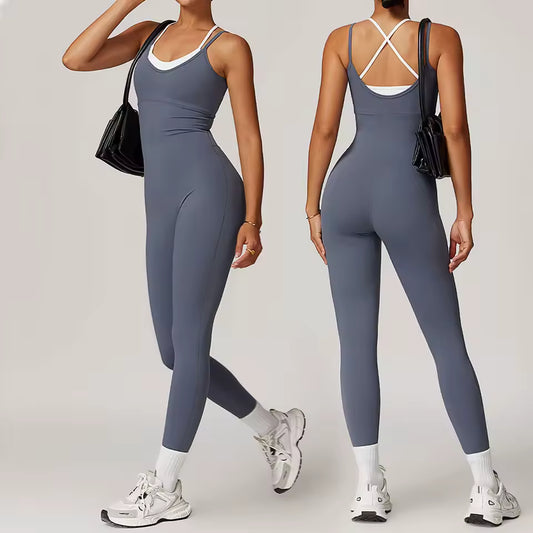 Conjunto desportivo feminino sexy — macacão de uma peça sem mangas com blocos de cor, ideal para yoga, fitness e treino de ginásio
