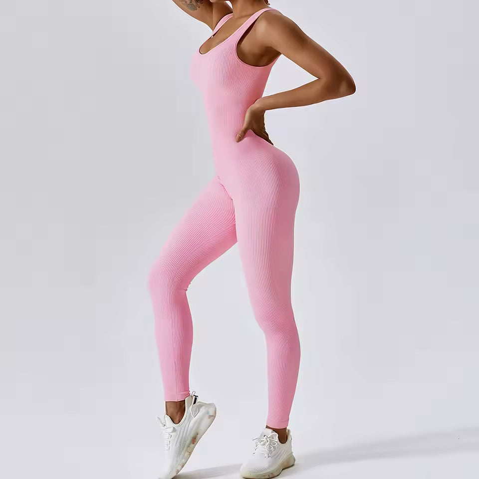 Conjunto feminino de ioga sem costuras para primavera — peça única, body para treino de fitness, dança e ginásio, com efeito push up e compressão abdominal.