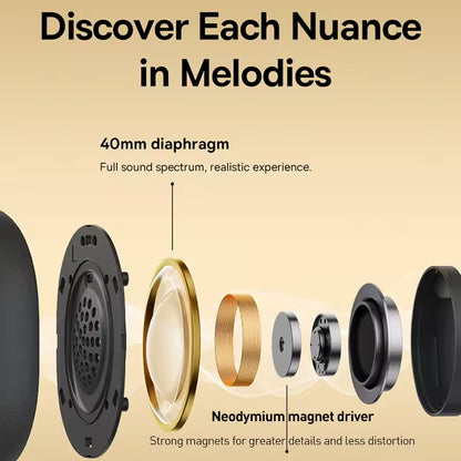 Baseus Bowie D05 – Auscultadores Sem Fios com Áudio Espacial 3D, Bluetooth 5.3, Driver de 40 mm, Design Dobrável Sobre a Orelha e Autonomia de 70 horas