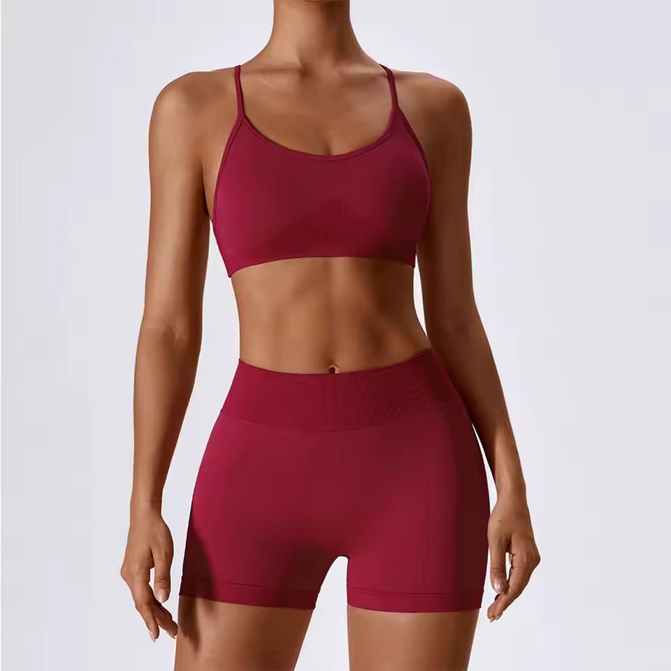 Conjunto feminino sem costuras para ioga e ginásio — inclui top curto e calções, ideal para treino, corrida e fitness (2 peças).