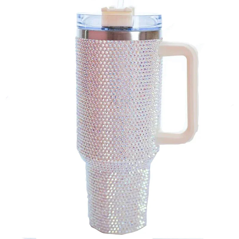 Copo térmico brilhante com efeito diamante, isolamento em aço inoxidável, garrafa com palha para carro, copo com pedrarias de grande capacidade, 40 oz.