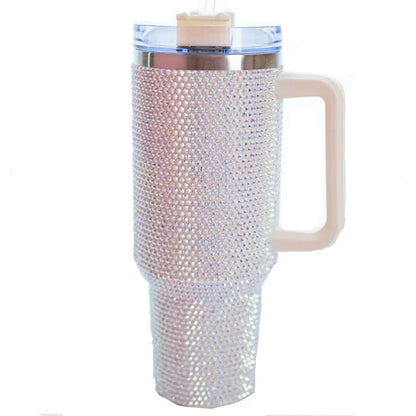 Copo térmico brilhante com efeito diamante, isolamento em aço inoxidável, garrafa com palha para carro, copo com pedrarias de grande capacidade, 40 oz.