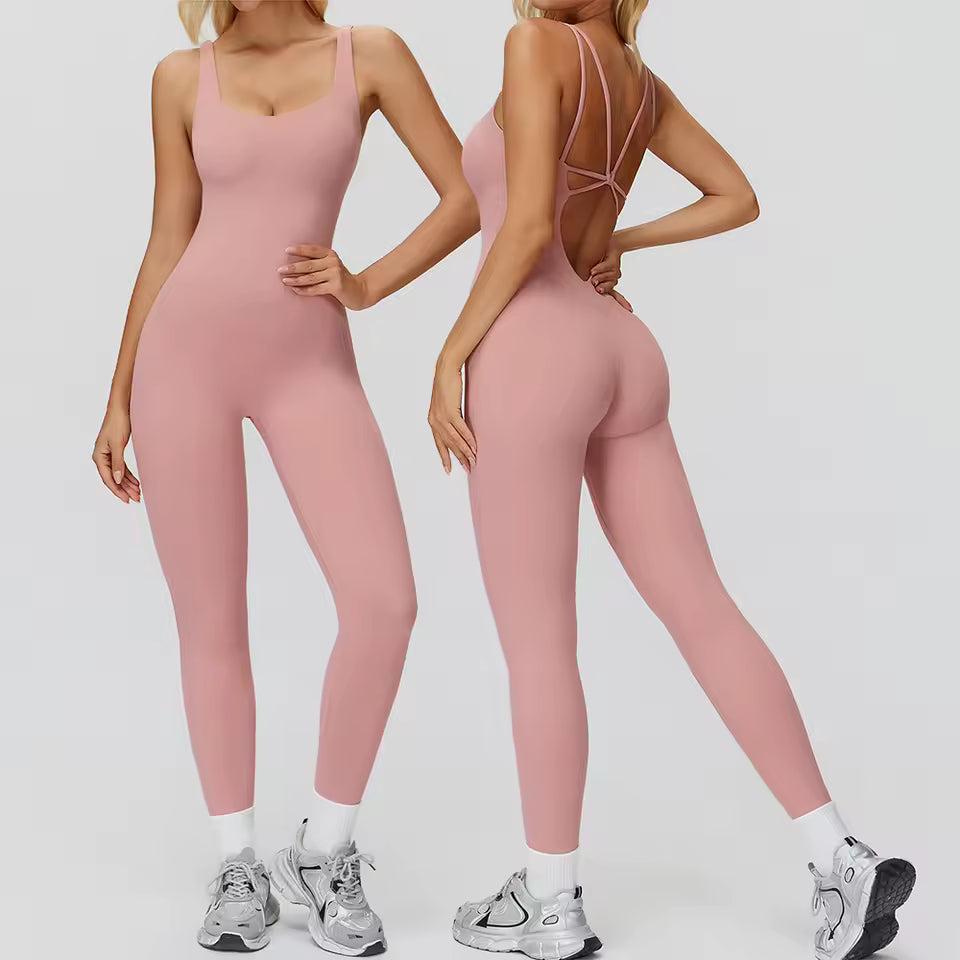 Macacão feminino de fitness e desporto, conjunto de ioga respirável e de secagem rápida, roupa desportiva feminina para ginásio com efeito push up.