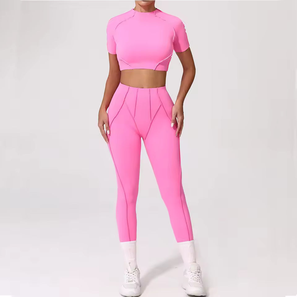 Conjunto de fitness feminino — agasalho de ioga com top de manga curta e leggings de cintura subida, ideal para treino e ginásio.