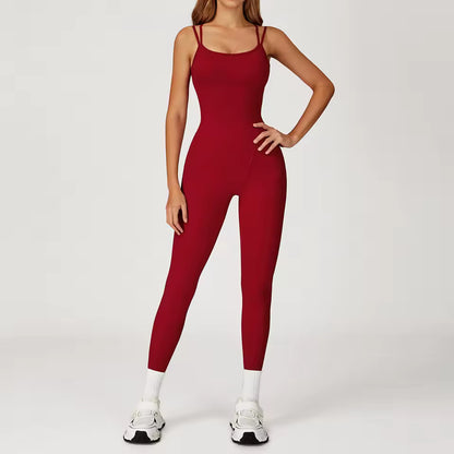 Macacão feminino com costas cruzadas — conjunto de yoga de uma peça, justo e elegante, ideal para treino, corrida ao ar livre e fitness, com efeito push up e design sexy.