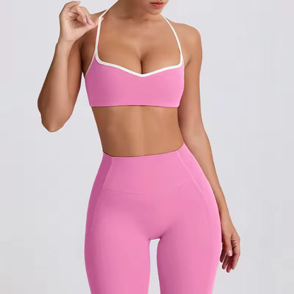 Conjunto de yoga feminino 2025 – cintura alta, efeito push-up e modelador, composto por top desportivo sem costas e leggings de compressão, ideal para treino, ginásio e yoga.