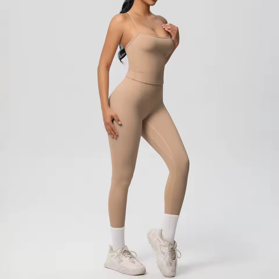 Conjunto desportivo feminino 2 peças — agasalho de ioga sem mangas, com sutiã desportivo e macacão de treino, ideal para fitness, ginásio e atividades físicas