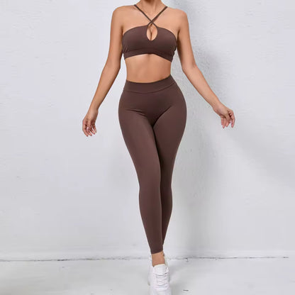 Conjunto desportivo feminino — roupa de fitness canelada para ioga, com top cruzado sem almofada e leggings push up para treino e ginásio.