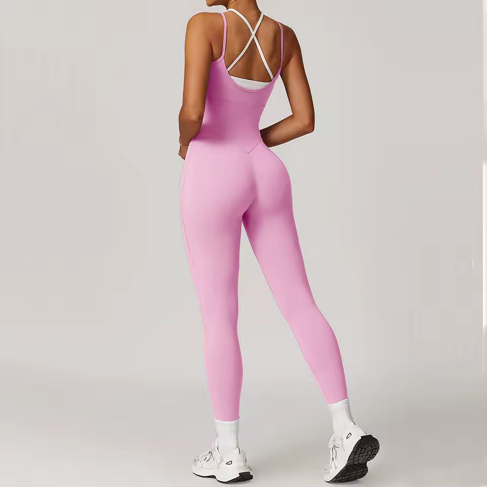 Conjunto desportivo feminino sexy — macacão de uma peça sem mangas com blocos de cor, ideal para yoga, fitness e treino de ginásio