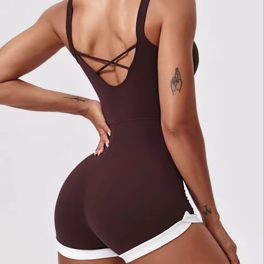 Macacão curto de yoga feminino, conjunto de uma peça com sutiã desportivo, roupa de ginásio e treino, macacão de fitness de secagem rápida.