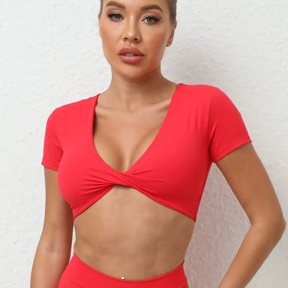 Top Curto Desportivo Feminino — Camisola de Manga Curta Push Up para Yoga, Treino e Ginásio, Ideal para o Verão