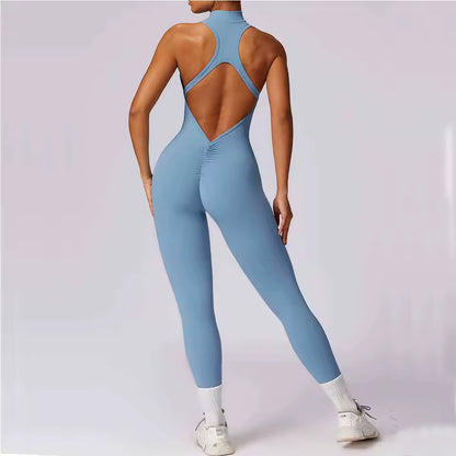 Conjunto de treino de ioga feminino — macacão fitness com fecho de correr, roupa desportiva de ginásio com efeito push-up, peça única