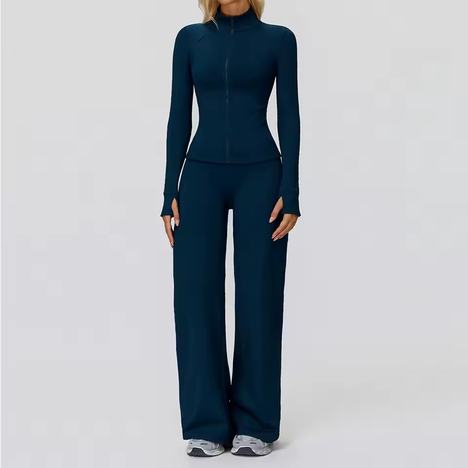 Conjunto feminino de ioga com 2 peças — roupa desportiva de ginásio, leggings de cintura alta e top de manga comprida para treino e corrida.