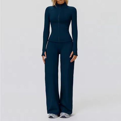 Conjunto feminino de ioga com 2 peças — roupa desportiva de ginásio, leggings de cintura alta e top de manga comprida para treino e corrida.