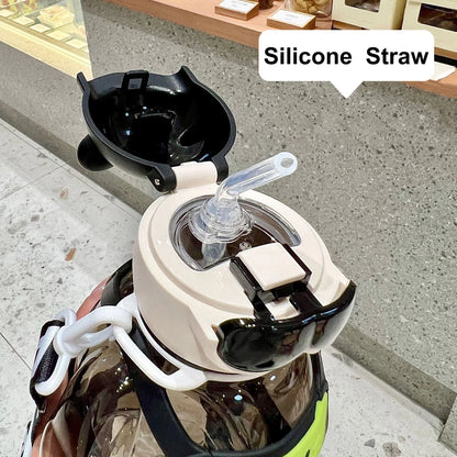 Garrafa desportiva com palha, de grande capacidade, copo de água em plástico para viagens, chaleira portátil para mochila, 850 ml.