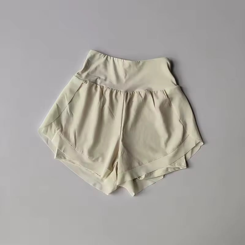 Shorts de yoga femininos de cintura alta, efeito de duas peças, com malha respirável e secagem rápida, anti-transparência